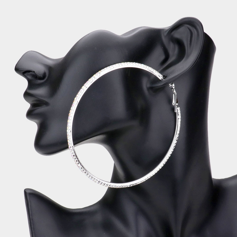 Silver Abalone Rhinestone Crystal 3.25 Round Hoop Style Earrings Fashion Jewelry